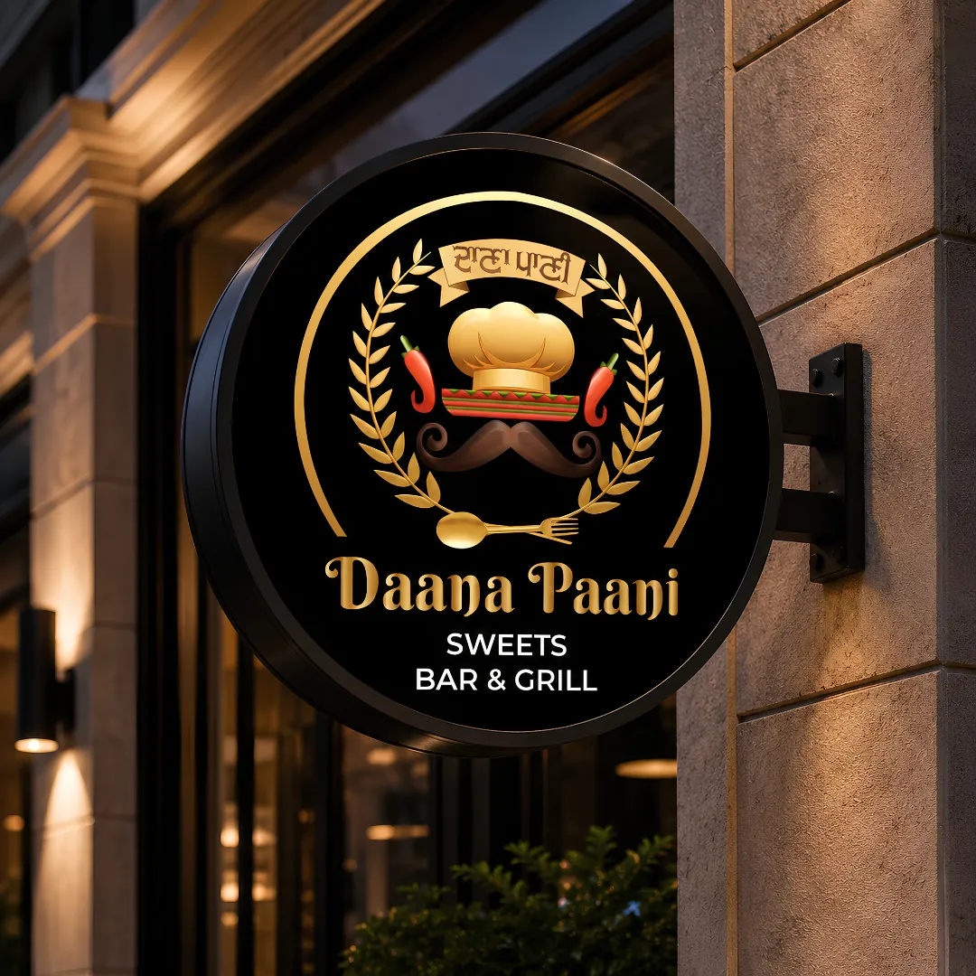Logo design for Daana Paani Sweets, Bar & Grill shown on a storefront sign
