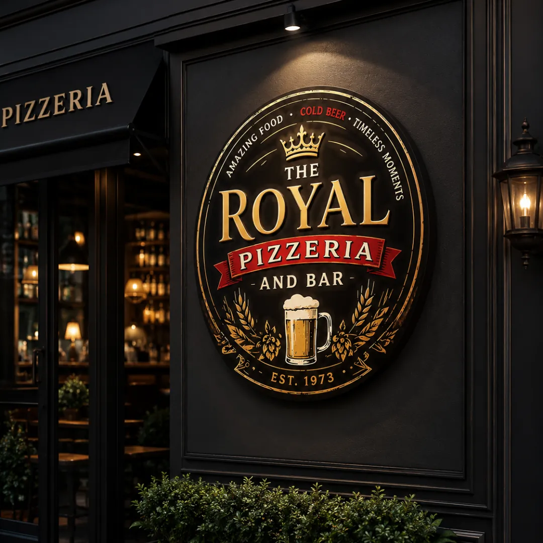 Logo design for The Royal Pizzeria and Bar shown on a restaurant sign