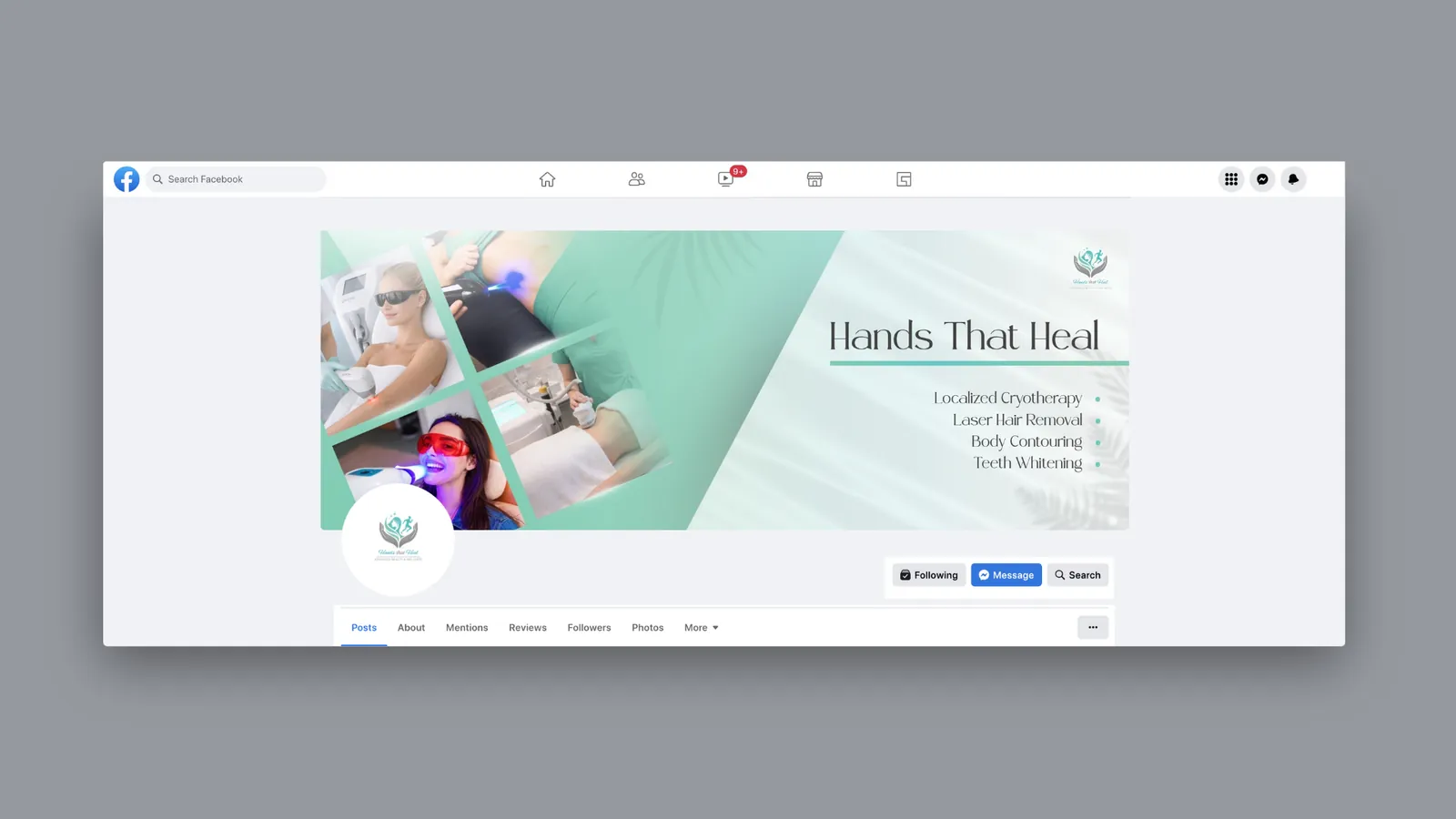 Facebook cover design for Hands That Heal wellness clinic