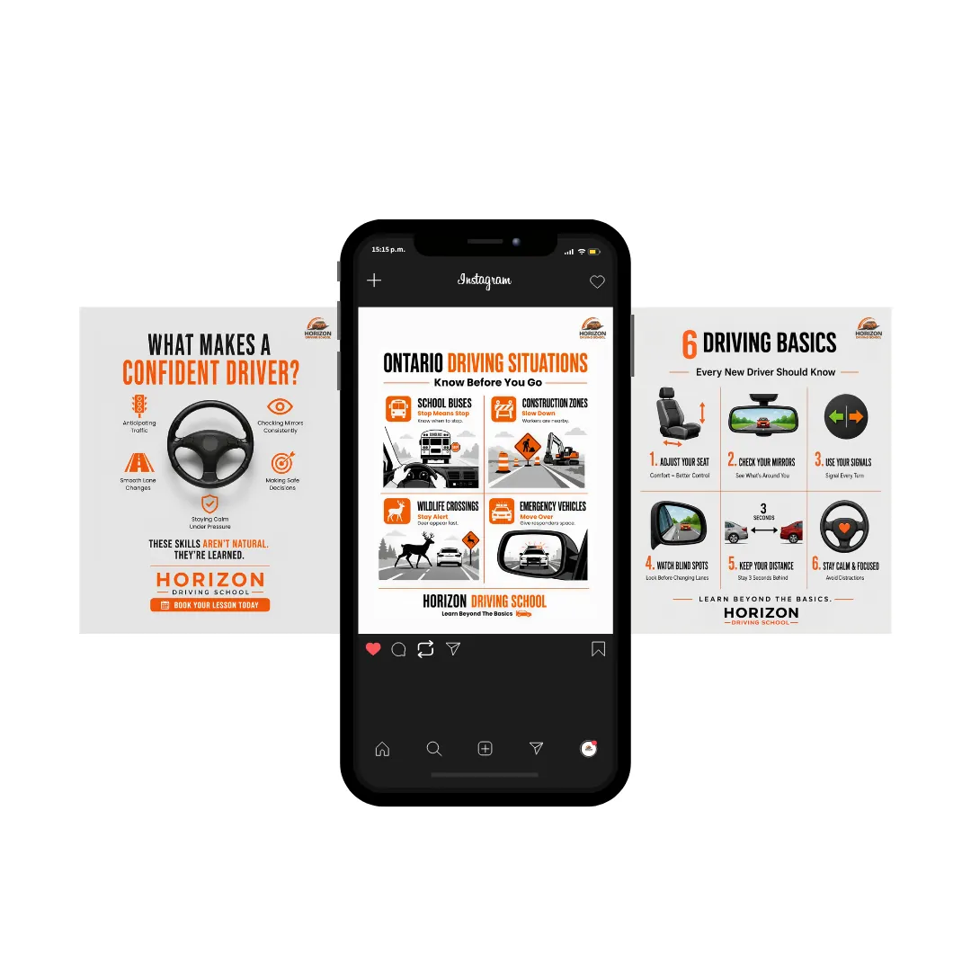 Instagram carousel on Ontario driving tips for Horizon Driving School