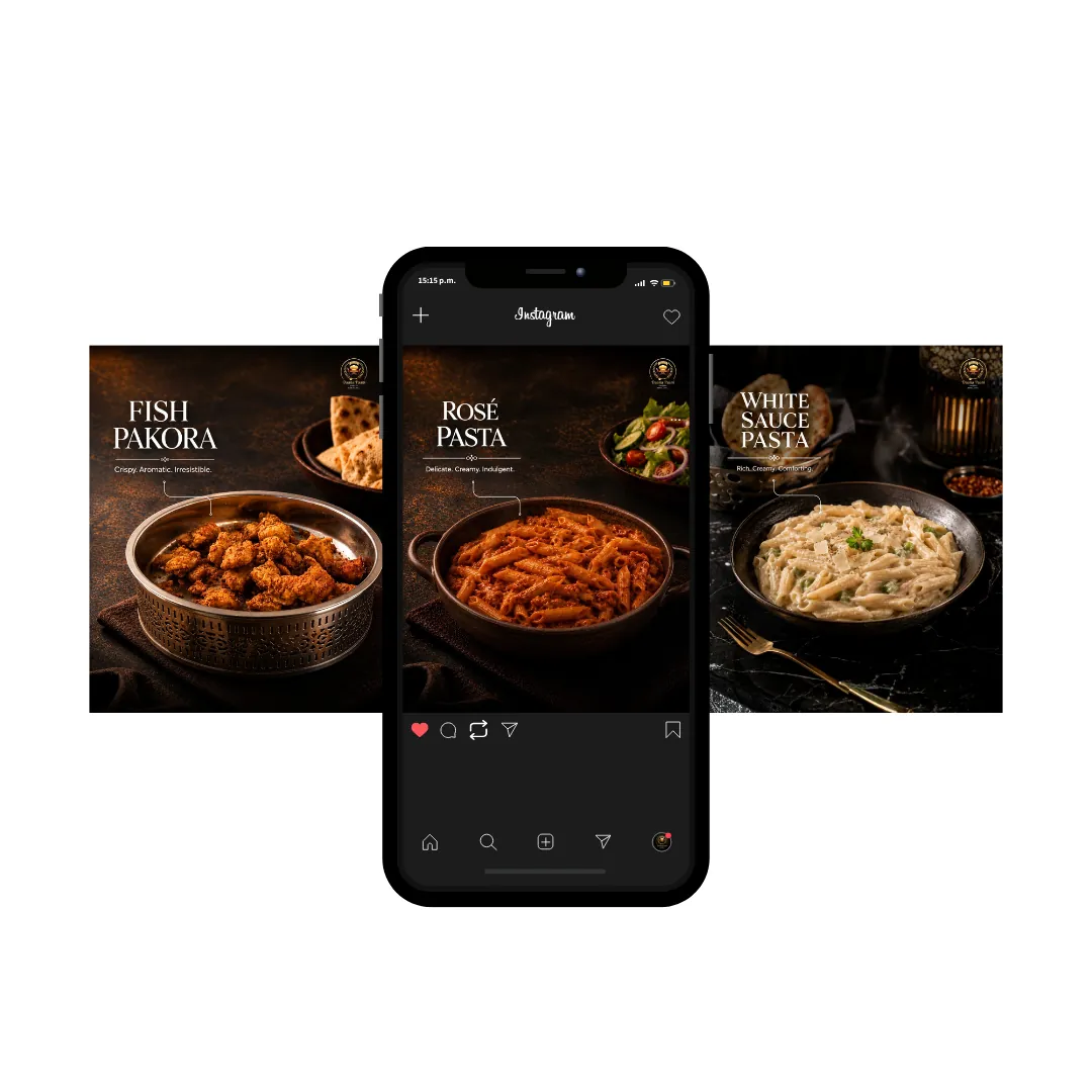 Instagram carousel of fish pakora and pasta dishes for a restaurant client