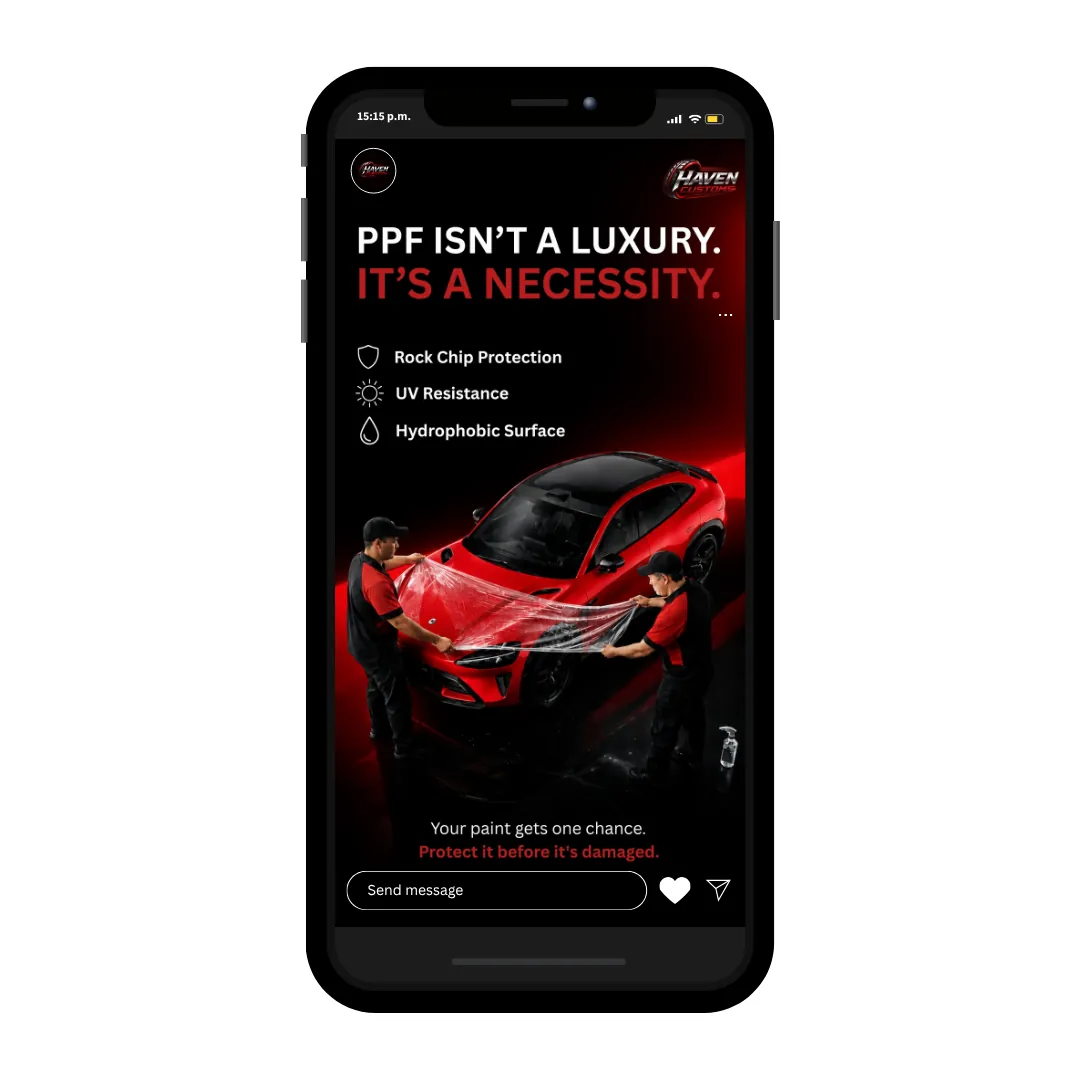 Instagram story promoting paint protection film for Haven Tint & Tire