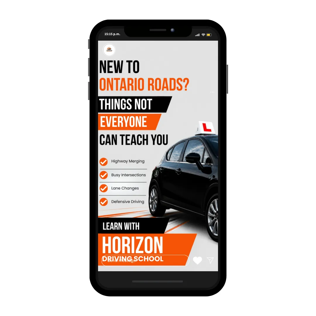 Instagram story for Horizon Driving School aimed at new Ontario drivers