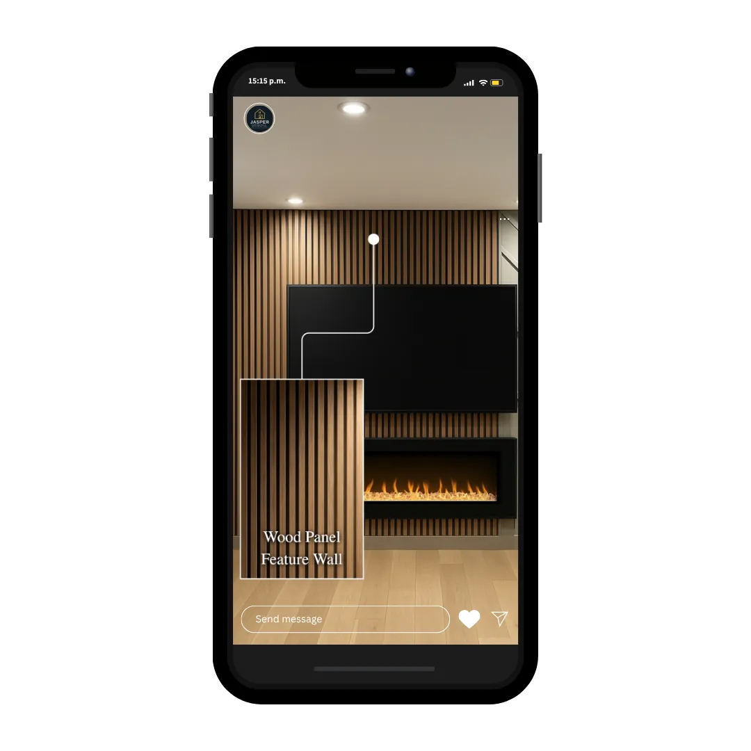 Instagram story showing a wood panel feature wall for a renovation client