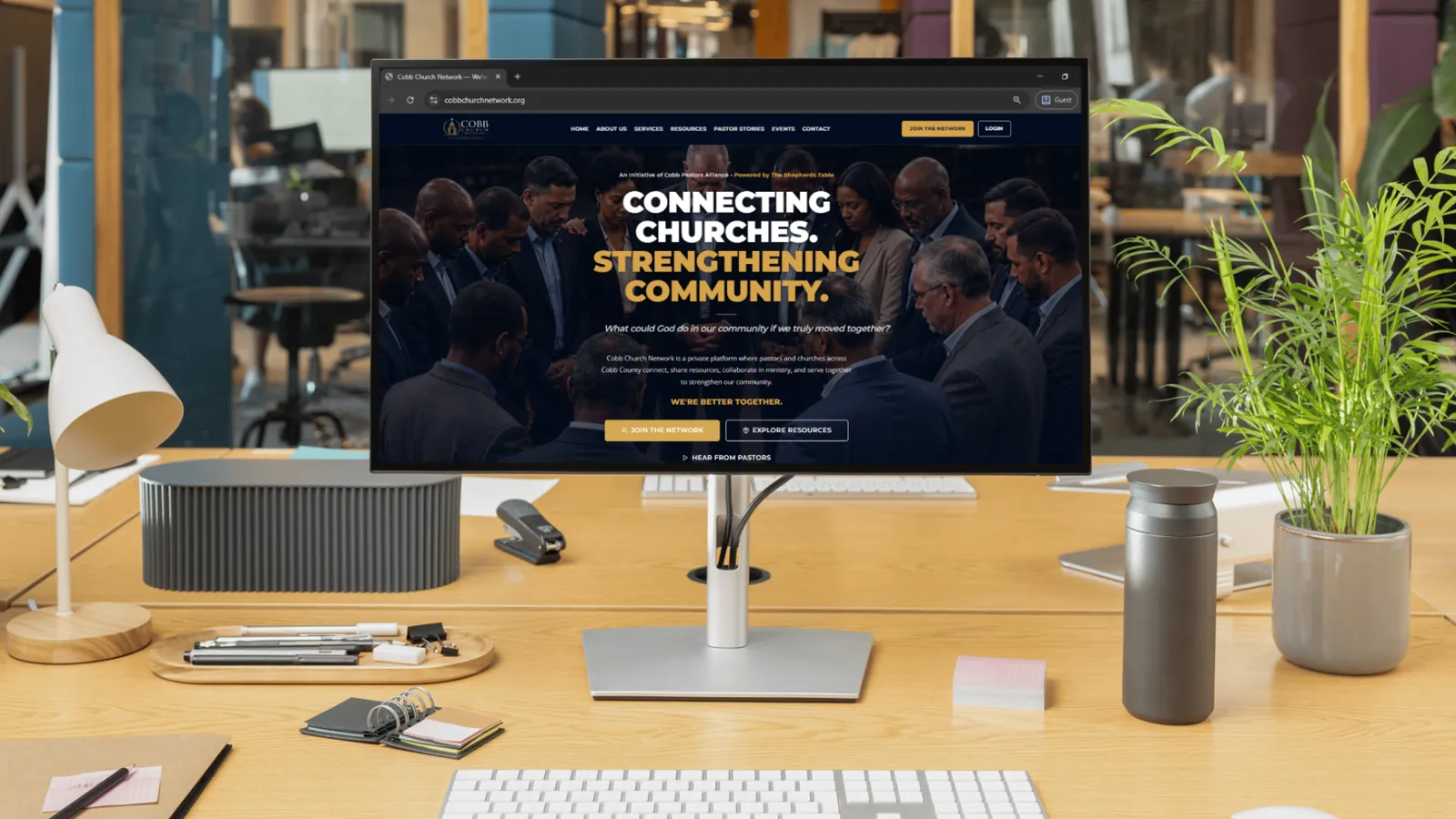 Website design for Cobb Church Network shown on a desktop monitor